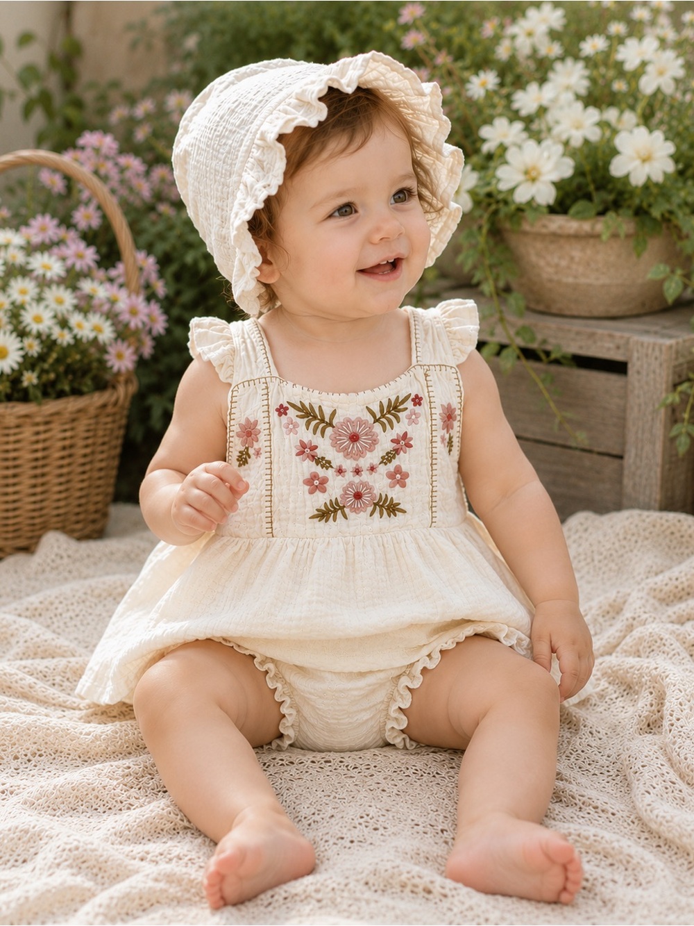 NWT Rabbit + Bear Organic Cotton Floral Embroidered Dress Set Bonnet Bloomers